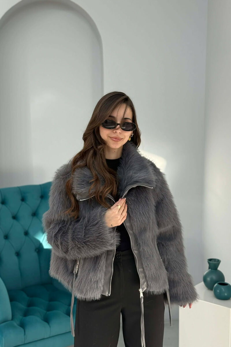 ONE COLOUR ZIPPER FAUX FUR WOMAN COAT DARK GREY/GEE - 1