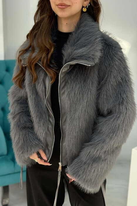 ONE COLOUR ZIPPER FAUX FUR WOMAN COAT DARK GREY/GEE - 2