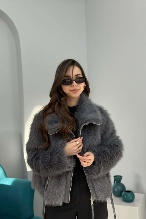 ONE COLOUR ZIPPER FAUX FUR WOMAN COAT DARK GREY/GEE - 3