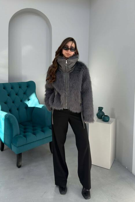 ONE COLOUR ZIPPER FAUX FUR WOMAN COAT DARK GREY/GEE - 5