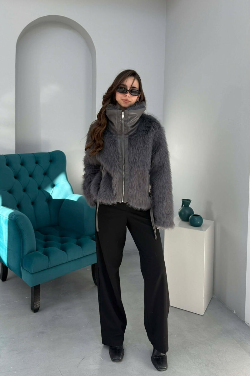 ONE COLOUR ZIPPER FAUX FUR WOMAN COAT DARK GREY/GEE - 5