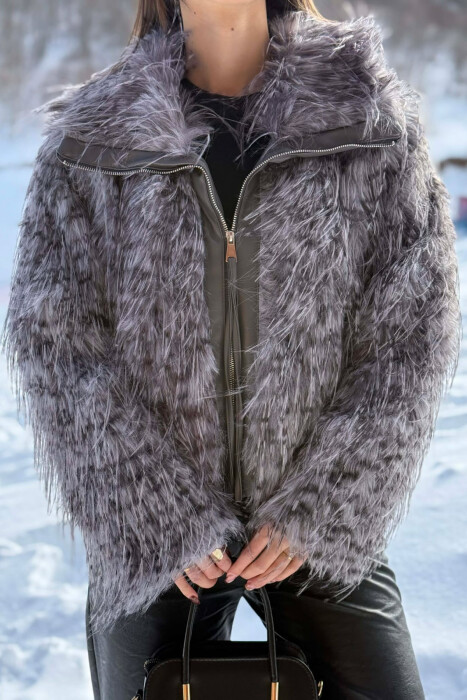 ONE COLOUR ZIPPER FAUX FUR WOMAN COAT GREY/GRI - 1