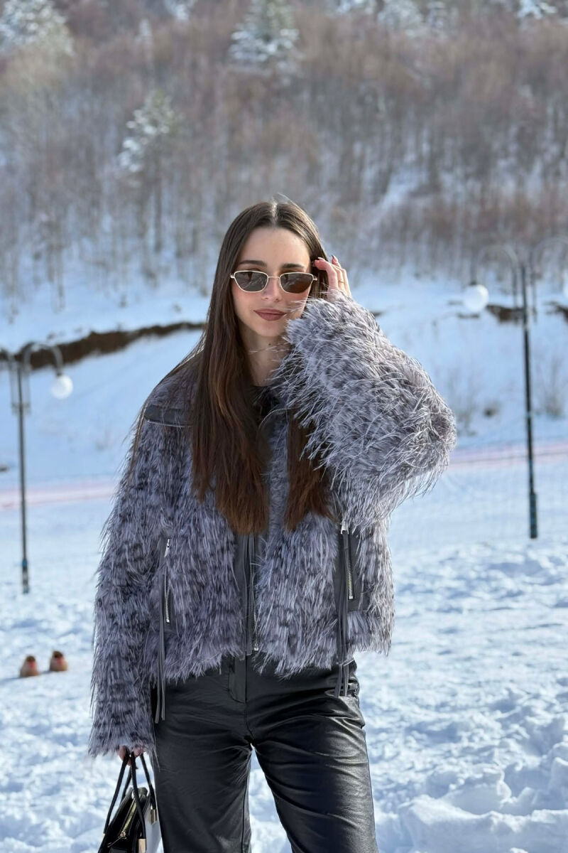 ONE COLOUR ZIPPER FAUX FUR WOMAN COAT GREY/GRI - 2