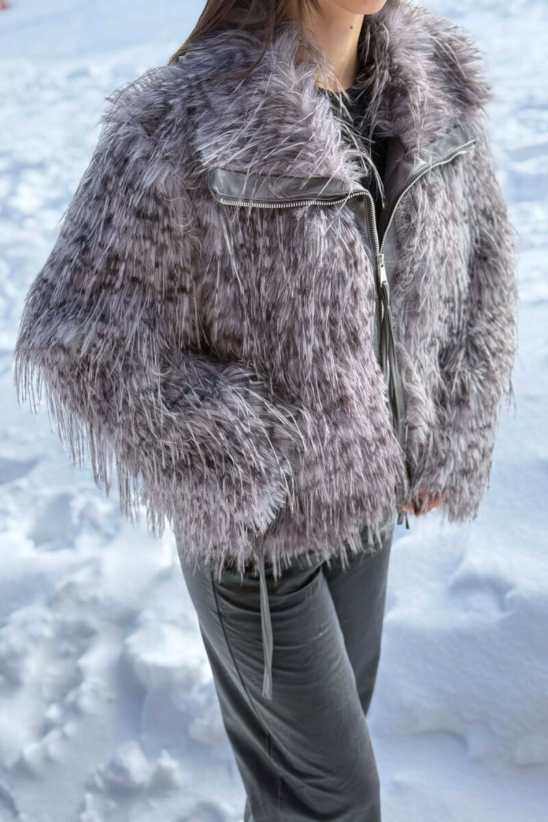 ONE COLOUR ZIPPER FAUX FUR WOMAN COAT GREY/GRI - 3