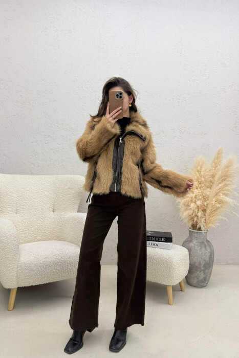 ONE COLOUR ZIPPER FAUX FUR WOMAN COAT LIGHT BROWN/KAZB - 3