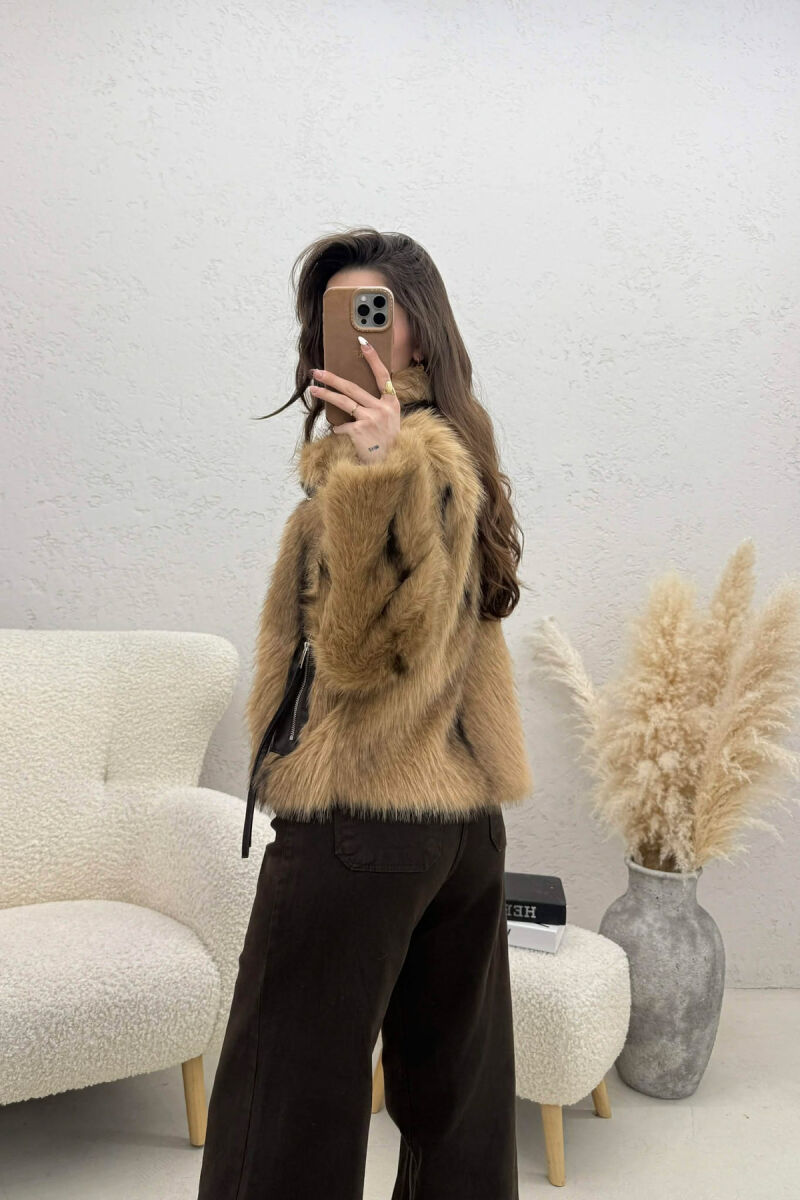 ONE COLOUR ZIPPER FAUX FUR WOMAN COAT LIGHT BROWN/KAZB - 4