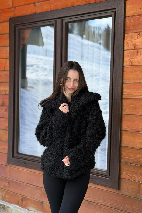 ONE COLOR CURLY FAUX FUR WOMAN COAT BLACK/ E ZEZE - KLAUDIO FASHION
