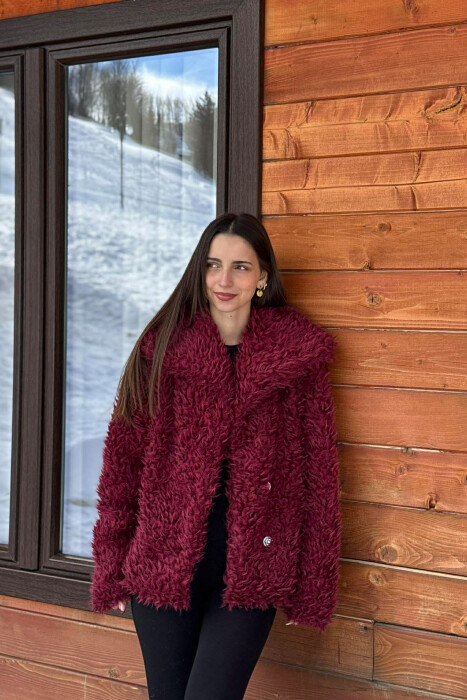 ONE COLOR CURLY FAUX FUR WOMAN COAT BURGUNDY/VISHNJE 