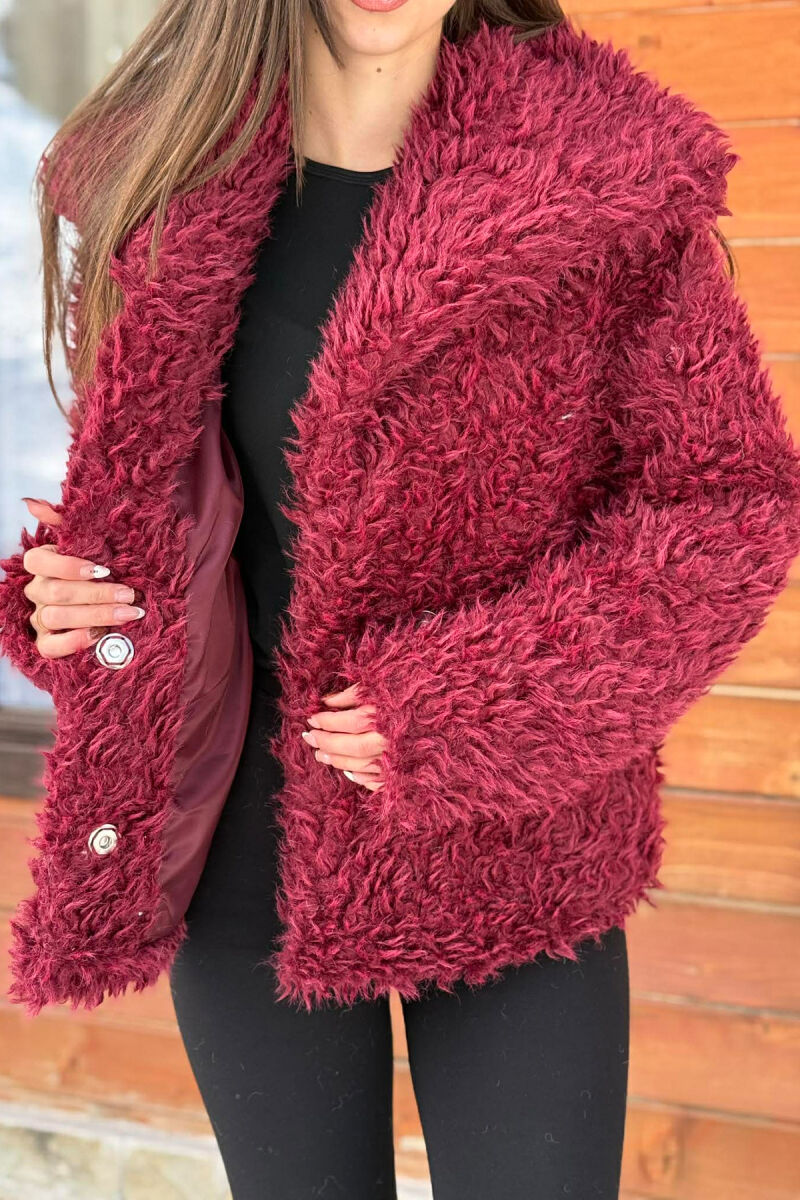 ONE COLOR CURLY FAUX FUR WOMAN COAT BURGUNDY/VISHNJE - 3