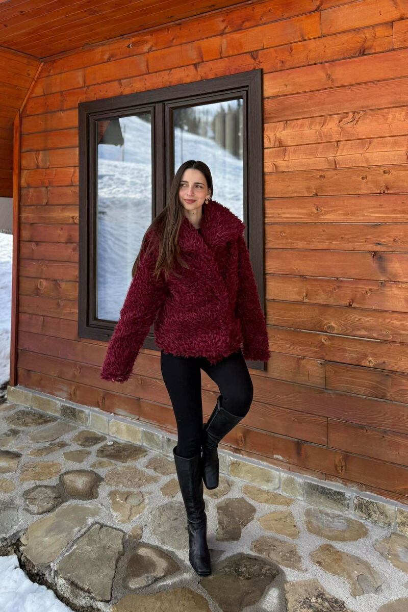 ONE COLOR CURLY FAUX FUR WOMAN COAT BURGUNDY/VISHNJE - 5
