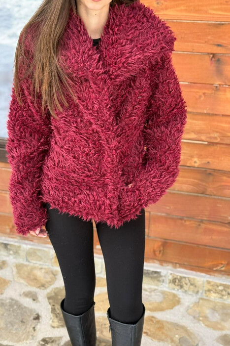 ONE COLOR CURLY FAUX FUR WOMAN COAT BURGUNDY/VISHNJE - 6