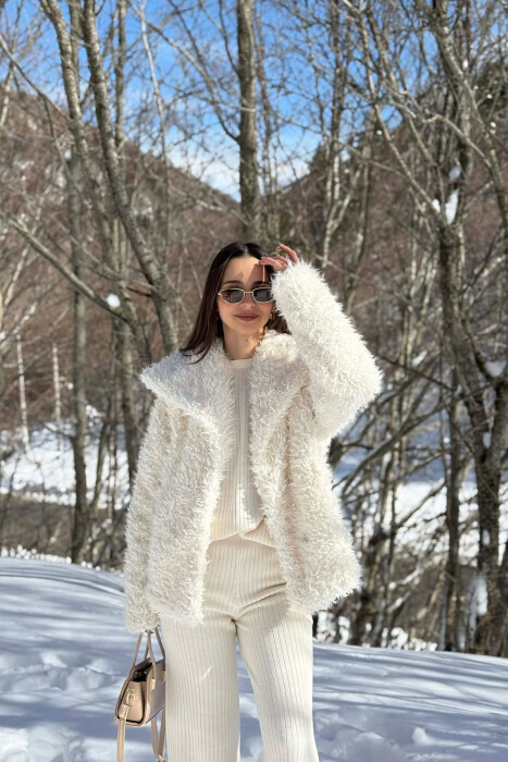 ONE COLOR CURLY FAUX FUR WOMAN COAT WHITE-E BARDHE - 5