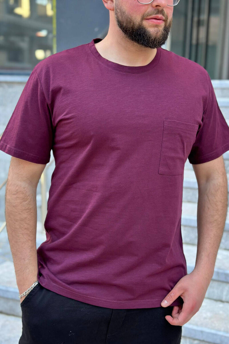 ONE POCKET ROUND NECK COTTON MEN T-SHIRT BURGUNDY/VISHNJE - 2