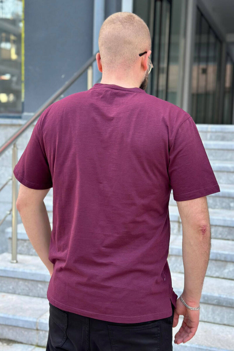 ONE POCKET ROUND NECK COTTON MEN T-SHIRT BURGUNDY/VISHNJE - 3