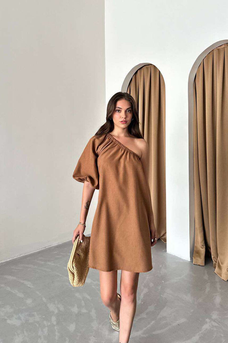 ONE SHOULDER OFF SIMPLE WOMEN DRESS BROWN/KAFE - 1