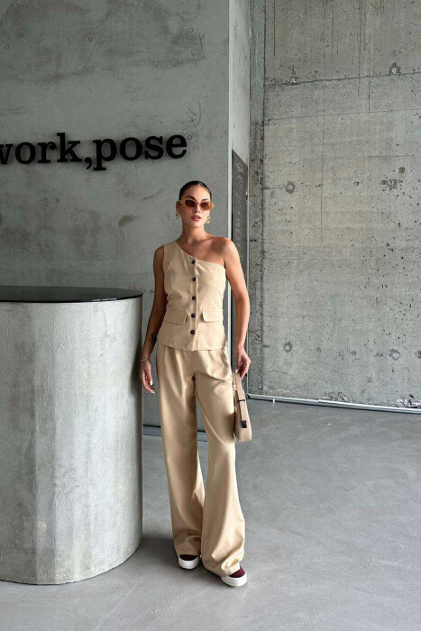 ONE SHOULDER OFF VEST+TROUSERS WOMEN SET BEIGE/BEZHE 