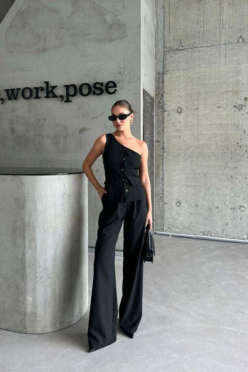 ONE SHOULDER OFF VEST+TROUSERS WOMEN SET BLACK/ E ZEZE - 1