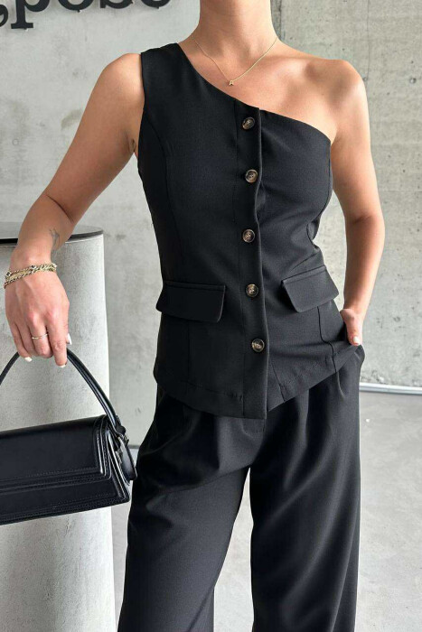 ONE SHOULDER OFF VEST+TROUSERS WOMEN SET BLACK/ E ZEZE - 2