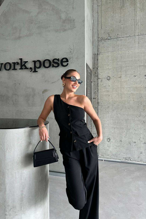 ONE SHOULDER OFF VEST+TROUSERS WOMEN SET BLACK/ E ZEZE - 4