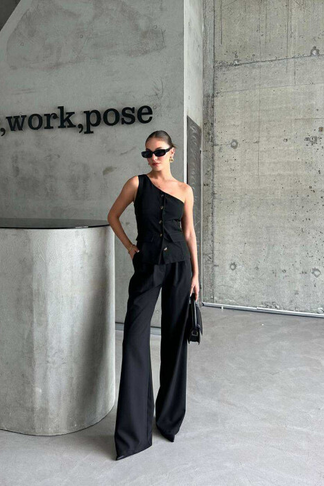 ONE SHOULDER OFF VEST+TROUSERS WOMEN SET BLACK/ E ZEZE 