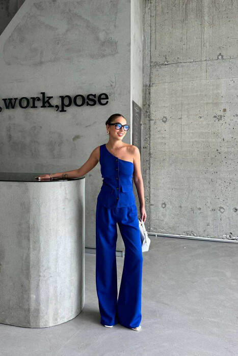 ONE SHOULDER OFF VEST+TROUSERS WOMEN SET BLUE/BLU 