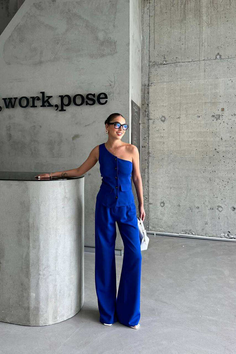ONE SHOULDER OFF VEST+TROUSERS WOMEN SET BLUE/BLU - 1