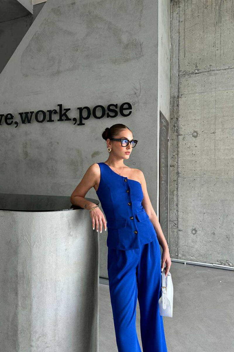 ONE SHOULDER OFF VEST+TROUSERS WOMEN SET BLUE/BLU - 2