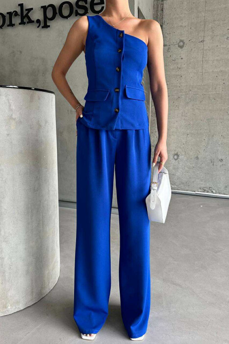 ONE SHOULDER OFF VEST+TROUSERS WOMEN SET BLUE/BLU - 3