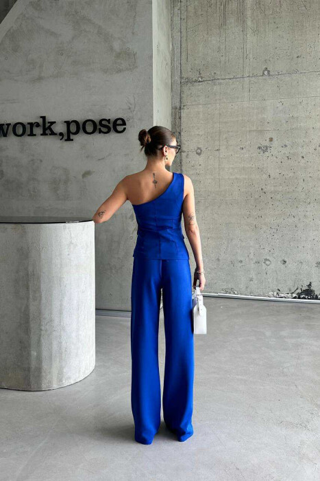 ONE SHOULDER OFF VEST+TROUSERS WOMEN SET BLUE/BLU - 4