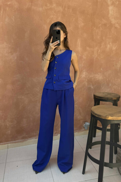 ONE SHOULDER OFF VEST+TROUSERS WOMEN SET DARK BLUE/BEE 
