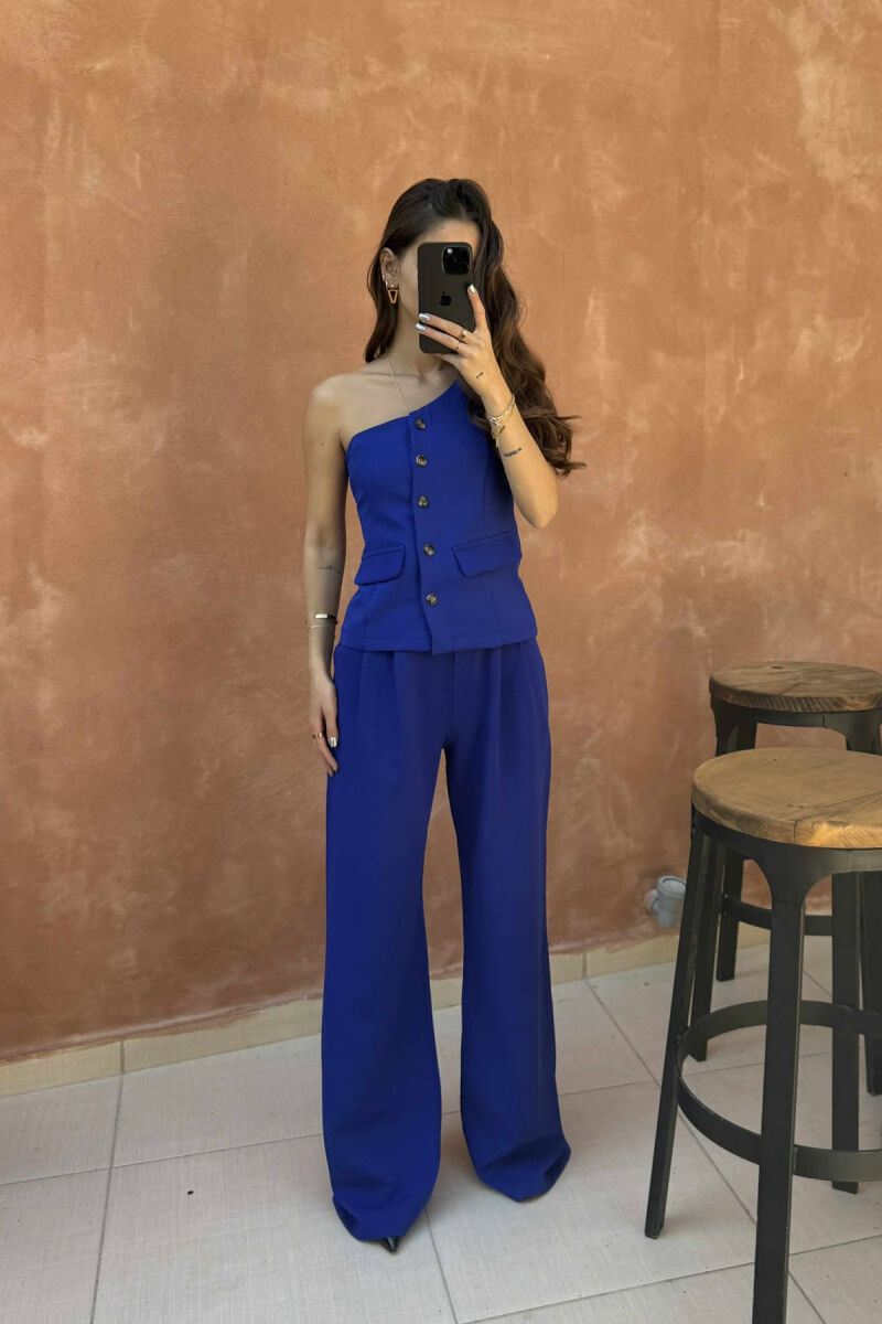 ONE SHOULDER OFF VEST+TROUSERS WOMEN SET DARK BLUE/BEE - 3