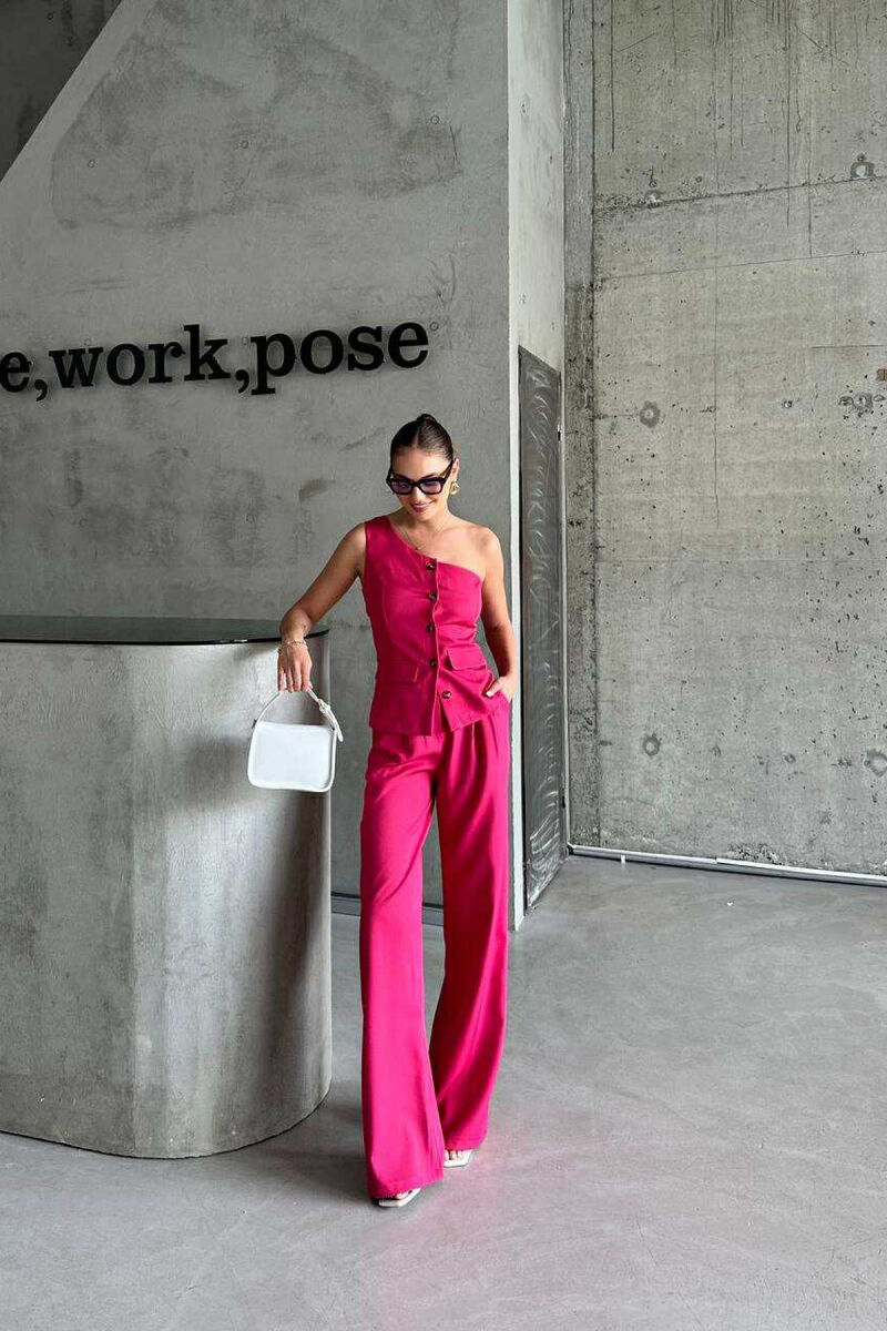ONE SHOULDER OFF VEST+TROUSERS WOMEN SET FUCHSIA/CIKLAMI - 1