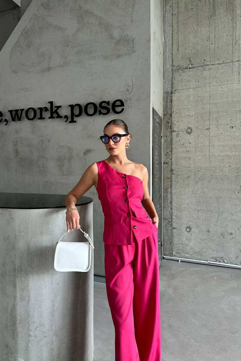 ONE SHOULDER OFF VEST+TROUSERS WOMEN SET FUCHSIA/CIKLAMI - 2
