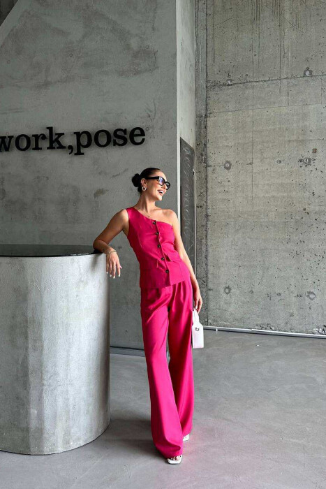 ONE SHOULDER OFF VEST+TROUSERS WOMEN SET FUCHSIA/CIKLAMI - 3