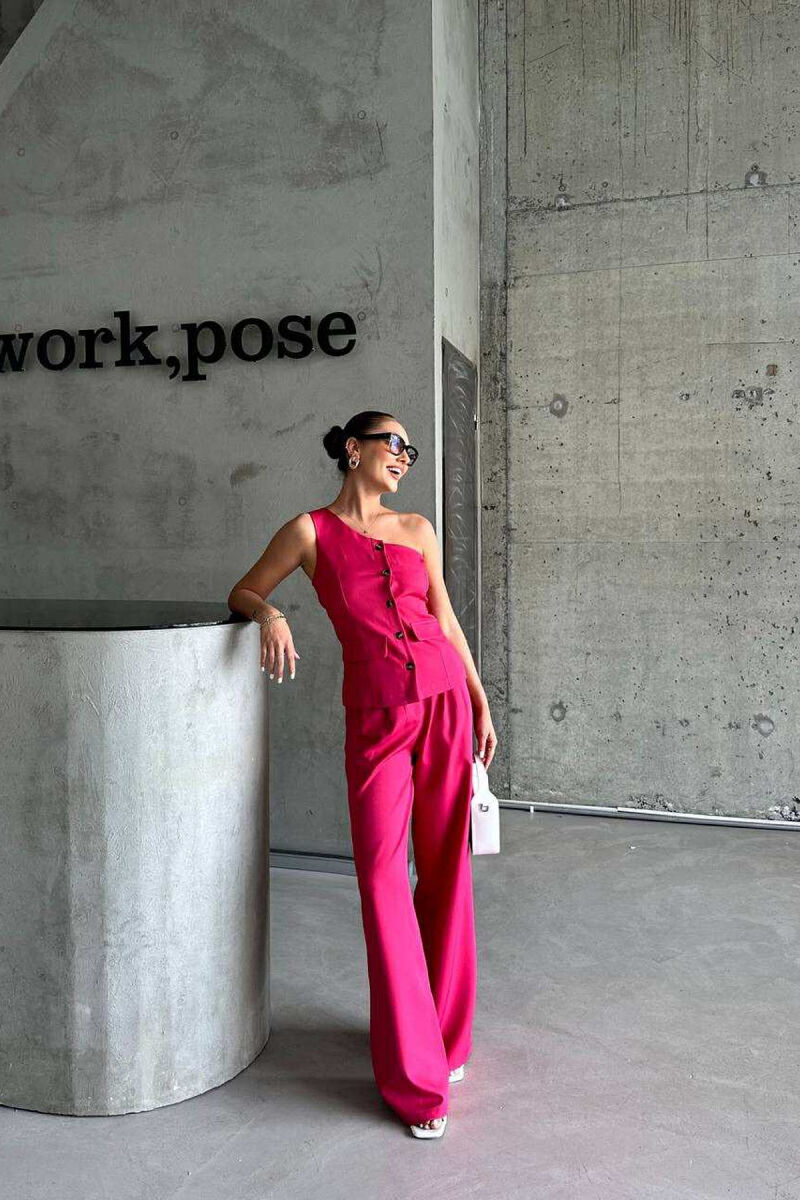 ONE SHOULDER OFF VEST+TROUSERS WOMEN SET FUCHSIA/CIKLAMI - 3