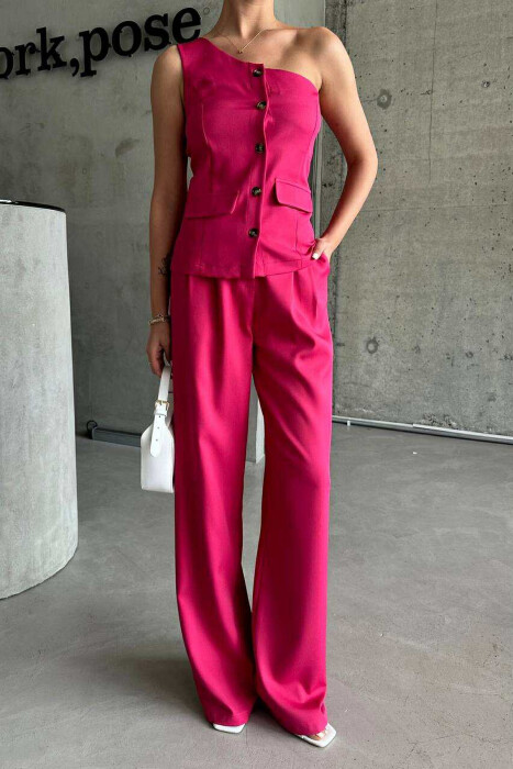 ONE SHOULDER OFF VEST+TROUSERS WOMEN SET FUCHSIA/CIKLAMI - 4