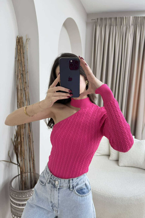 ONE SLEEVE SIMPLE WOMEN SWEATER FUCHSIA/CIKLAMI - KLAUDIO FASHION