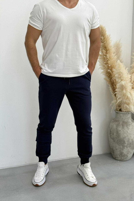 ONE COLOR SIMPLE LOGO MEN JOGGERS DARK BLUE/BEE - KLAUDIO FASHION