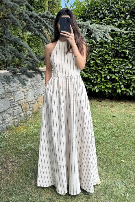 FUSTAN I GJATË ME VIJA PËR FEMRA NË NGJYRËN KREM+E ZEZË - KLAUDIO FASHION