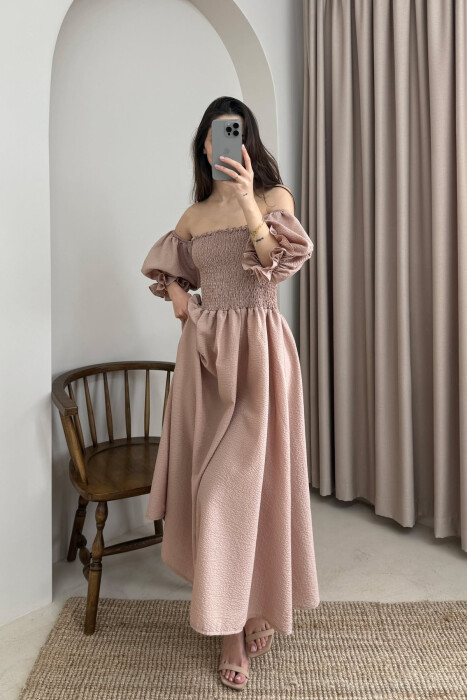 OPEN NECK ONE COLOR WOMEN DRESS BEIGE/BEZHE - 1