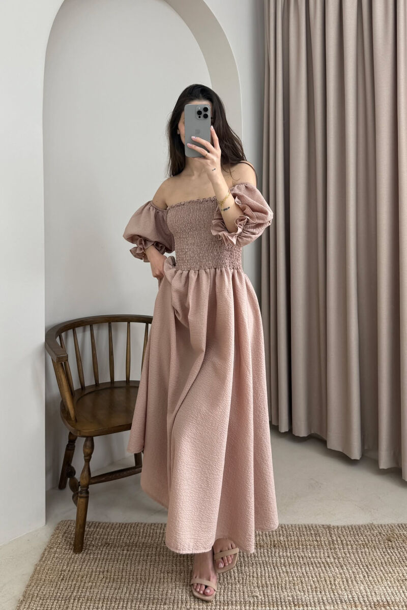 OPEN NECK ONE COLOR WOMEN DRESS BEIGE/BEZHE - 1