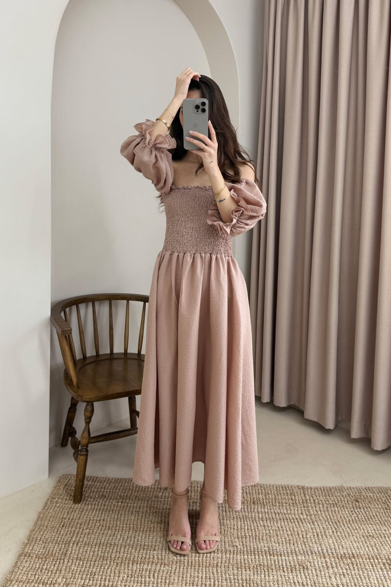 OPEN NECK ONE COLOR WOMEN DRESS BEIGE/BEZHE - 2
