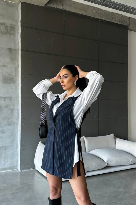 OPEN SIDES STRIPED DESIGN WOMEN VEST DARK BLUE/BEE - 2