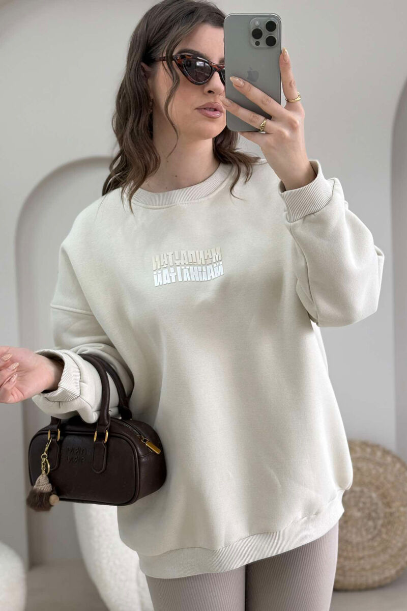 OVERSIZE FRONT SMALL WRITTING FLUFFY WOMEN SWEATSHIRT CREAM/KREM - 4