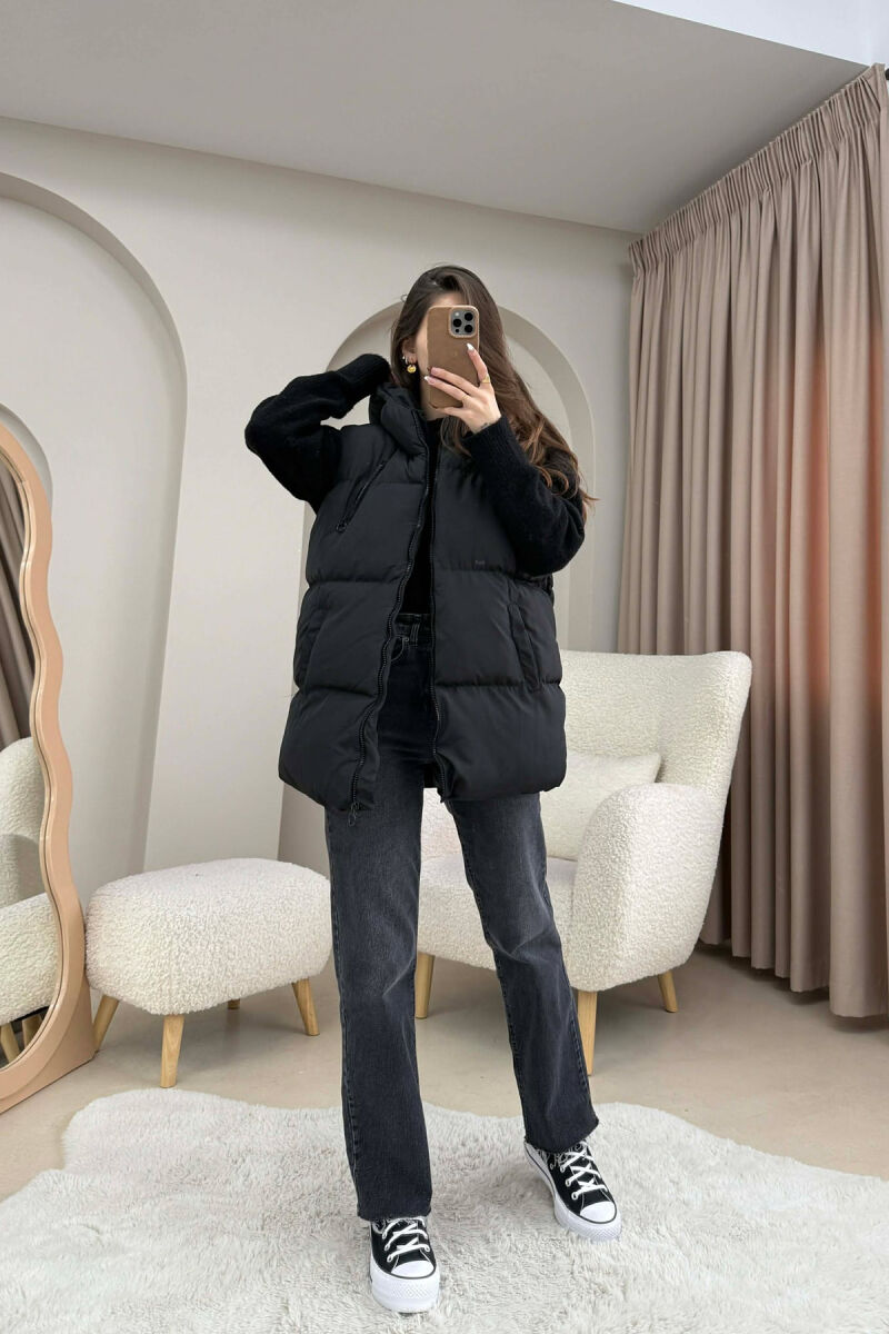 OVERSIZE ONE COLOR SIMPLE HOODED WOMAN VEST BLACK/ E ZEZE - 3