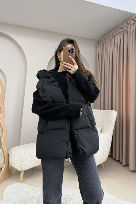 OVERSIZE ONE COLOR SIMPLE HOODED WOMAN VEST BLACK/ E ZEZE - 4
