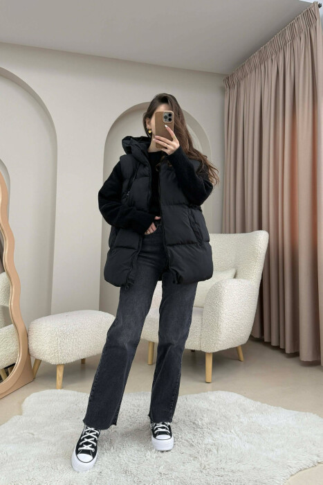 OVERSIZE ONE COLOR SIMPLE HOODED WOMAN VEST BLACK/ E ZEZE - 5