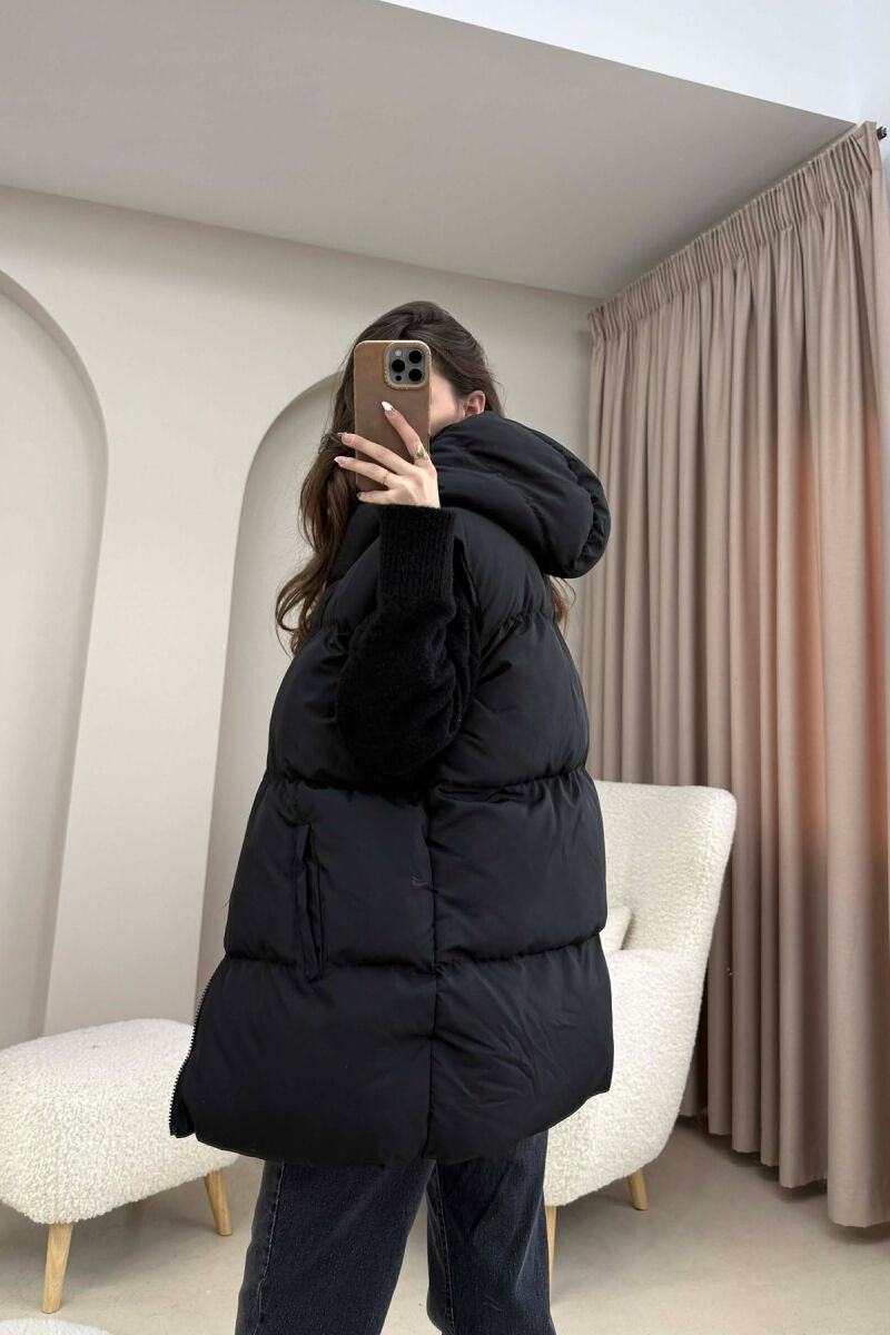 OVERSIZE ONE COLOR SIMPLE HOODED WOMAN VEST BLACK/ E ZEZE - 6