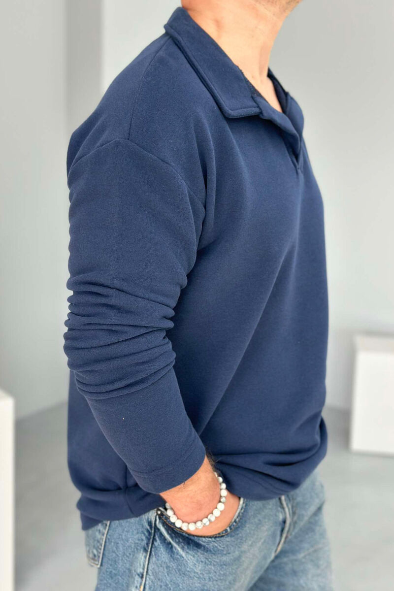 OVERSIZE POLO NECK COTTON MEN SWEATSHIRT DARK BLUE/BEE - 4