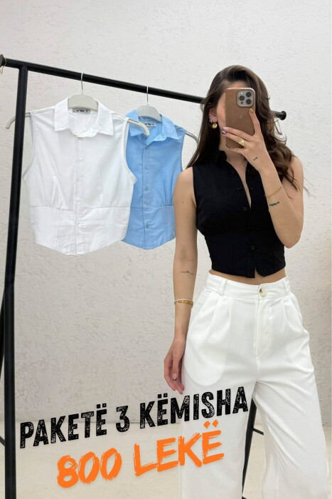 PACK OF 3 PIECES SLEEVELESS WOMAN SHIRTS WHITE+BLACK+BLUE - KLAUDIO FASHION
